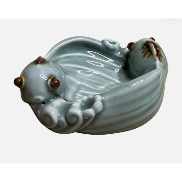 Chinese Craftsmen Art Deco Modern Sage Brown Trinket Dish Koi Carp Fishes - Picture 4 of 5